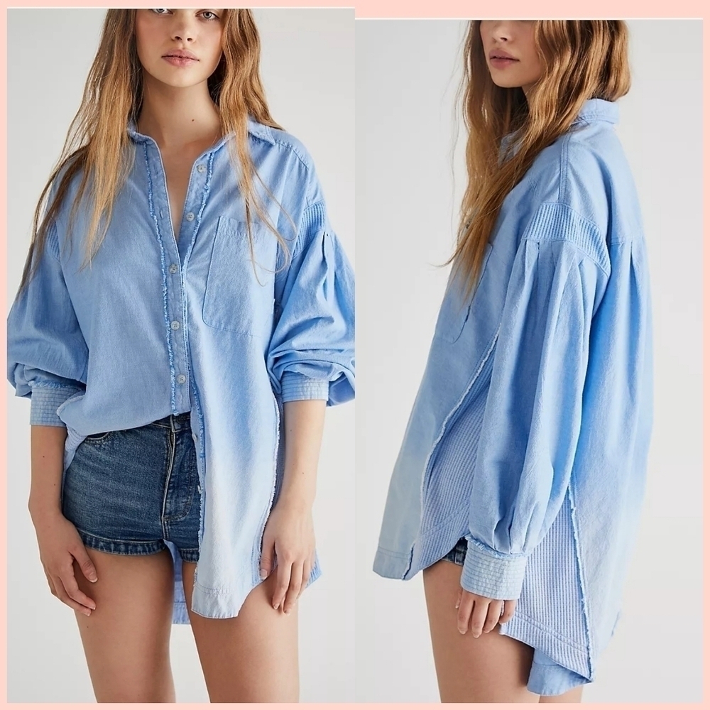 Free People Cool & Clean Soild Button Down Waffle Knit Oversized Top